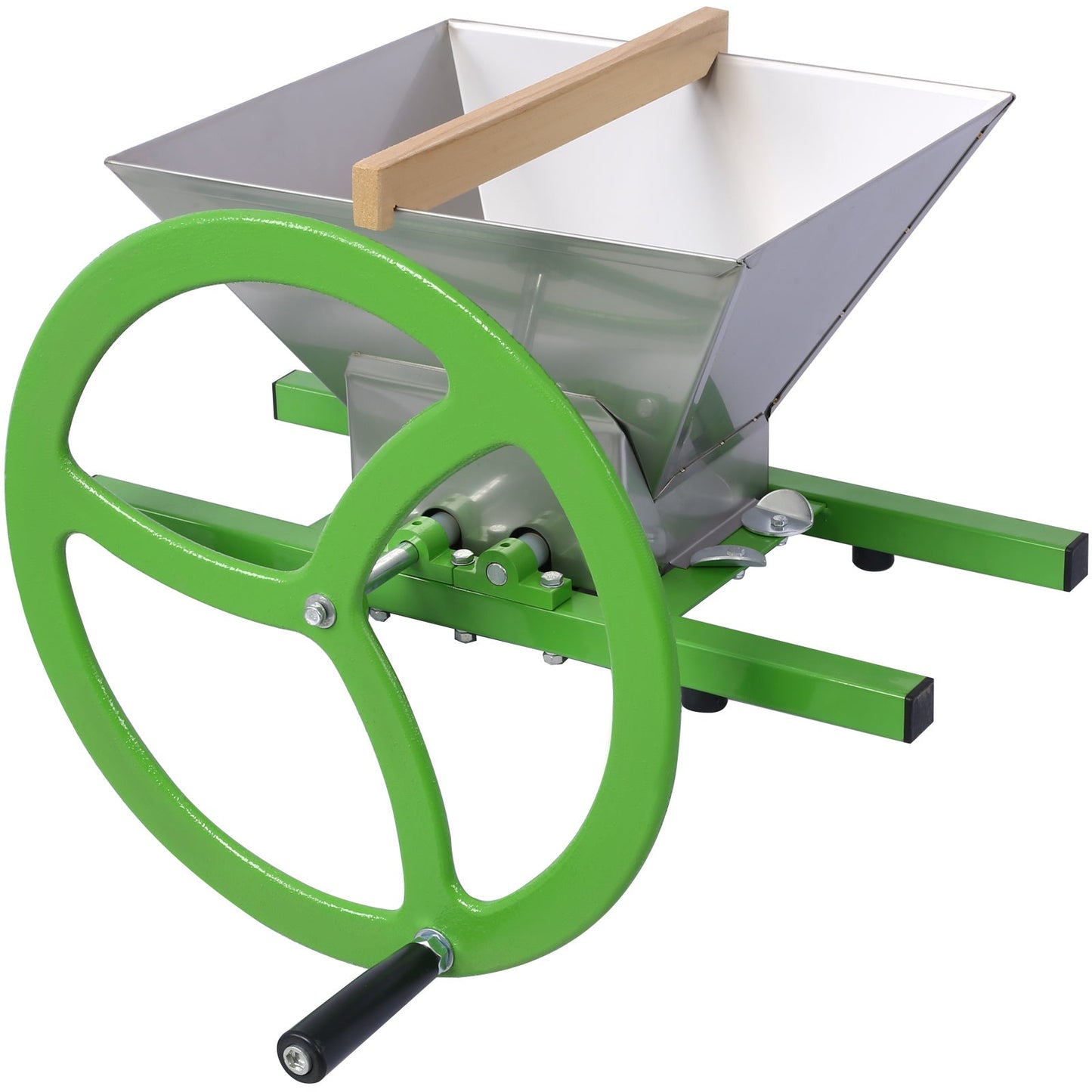 Manual juicer grinder with green wheel, stainless hopper, and wooden feed guide