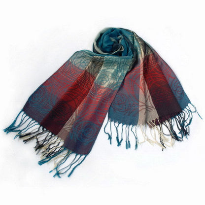 Multicolor pashmina shawl with ornate motifs and short fringe tassel ends, teal red beige