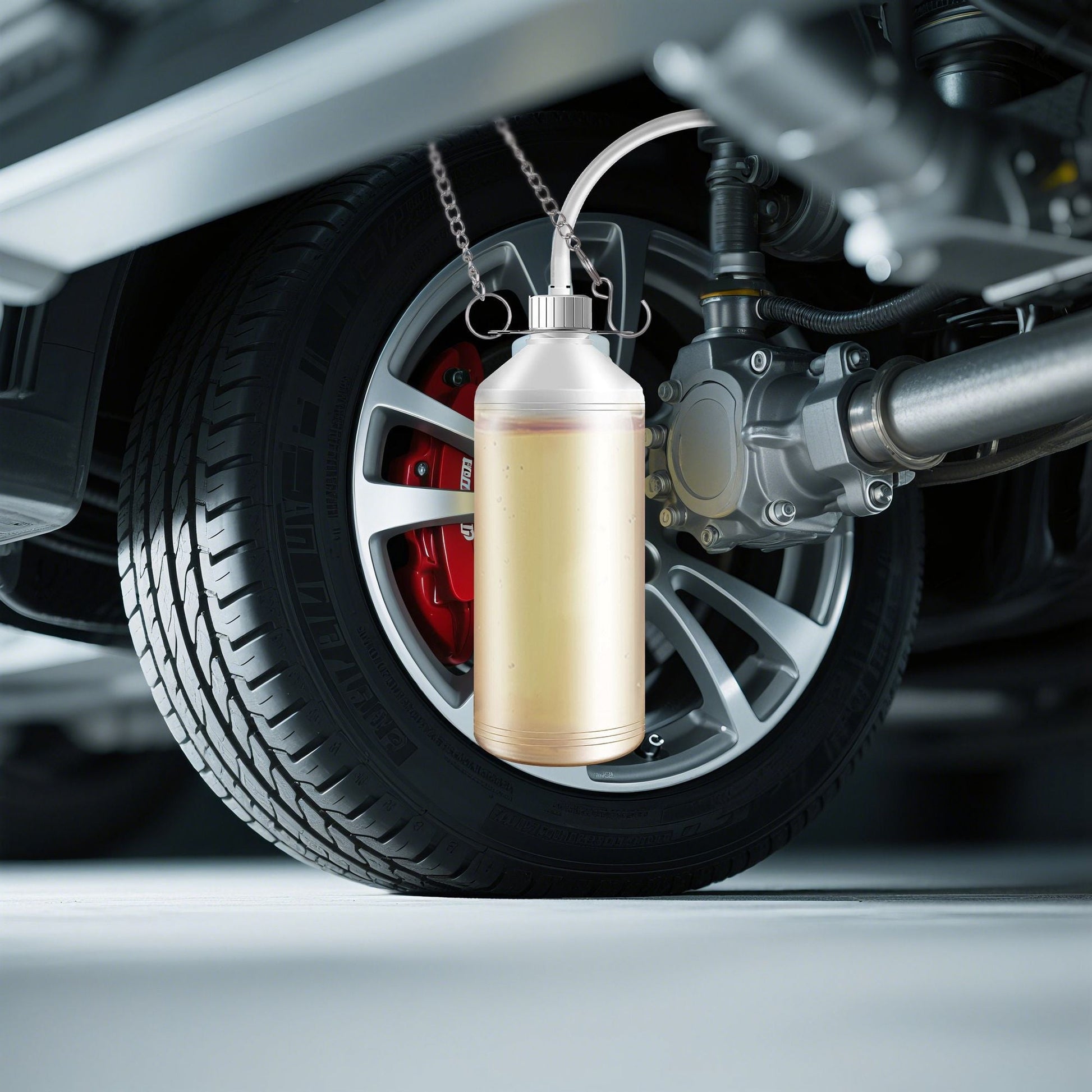 Brake fluid vacuum bleeder bottle with clear hose and chain, attached near wheel