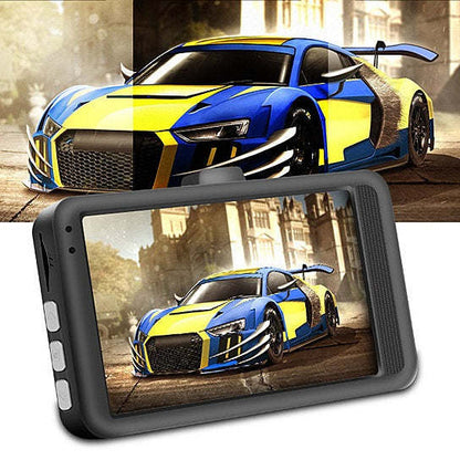 Car dash cam with front camera and screen displaying racing car footage