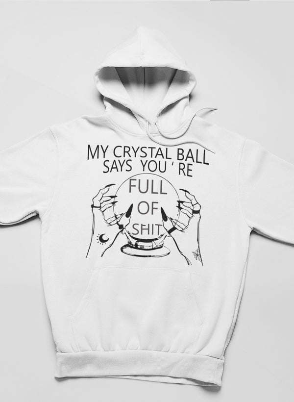 White hoodie with hood and front graphic text and hands illustration