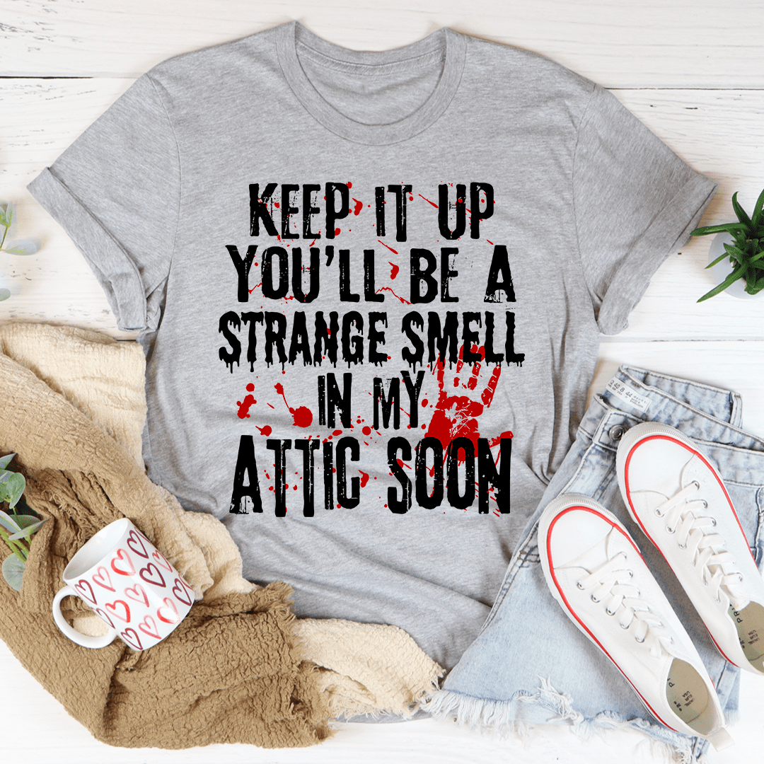 Dark gray short-sleeve T-shirt with bold black and red attic graphic on front