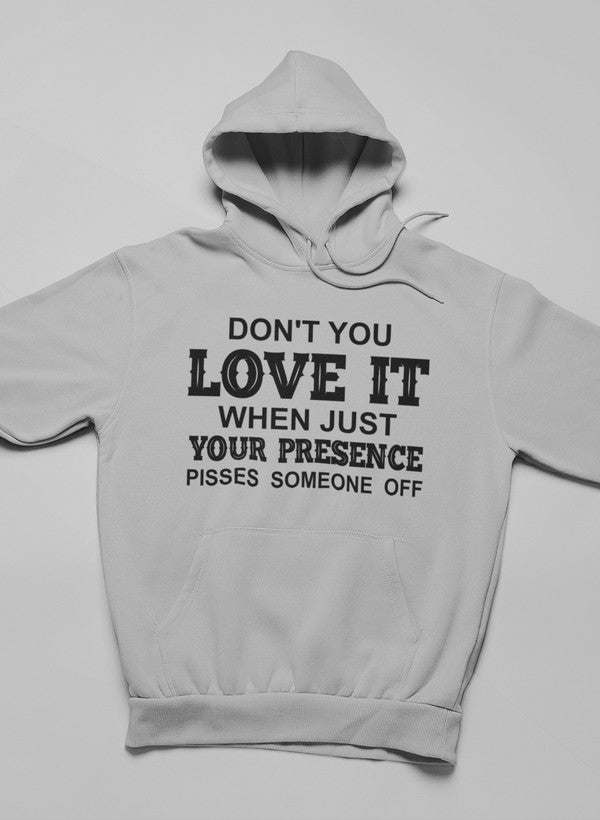Gray pullover hoodie with front hood and bold graphic text