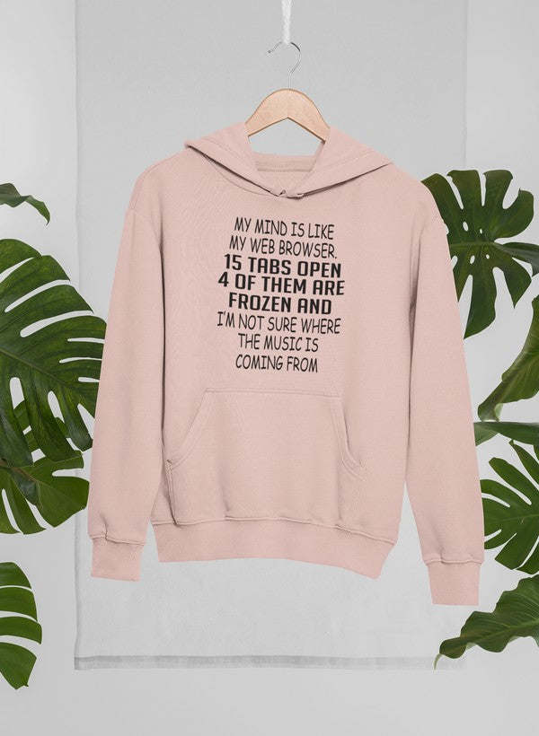 Pinkish mauve hooded pullover hoodie with centered front graphic and kangaroo pocket