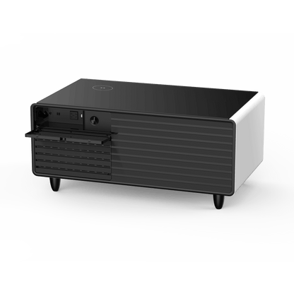 Modern Smart mini Coffee Table with Built in Fridge;  Outlet protection; Wireless charging module; Mechanical temperature control; Power socket; USB interface And power interface.