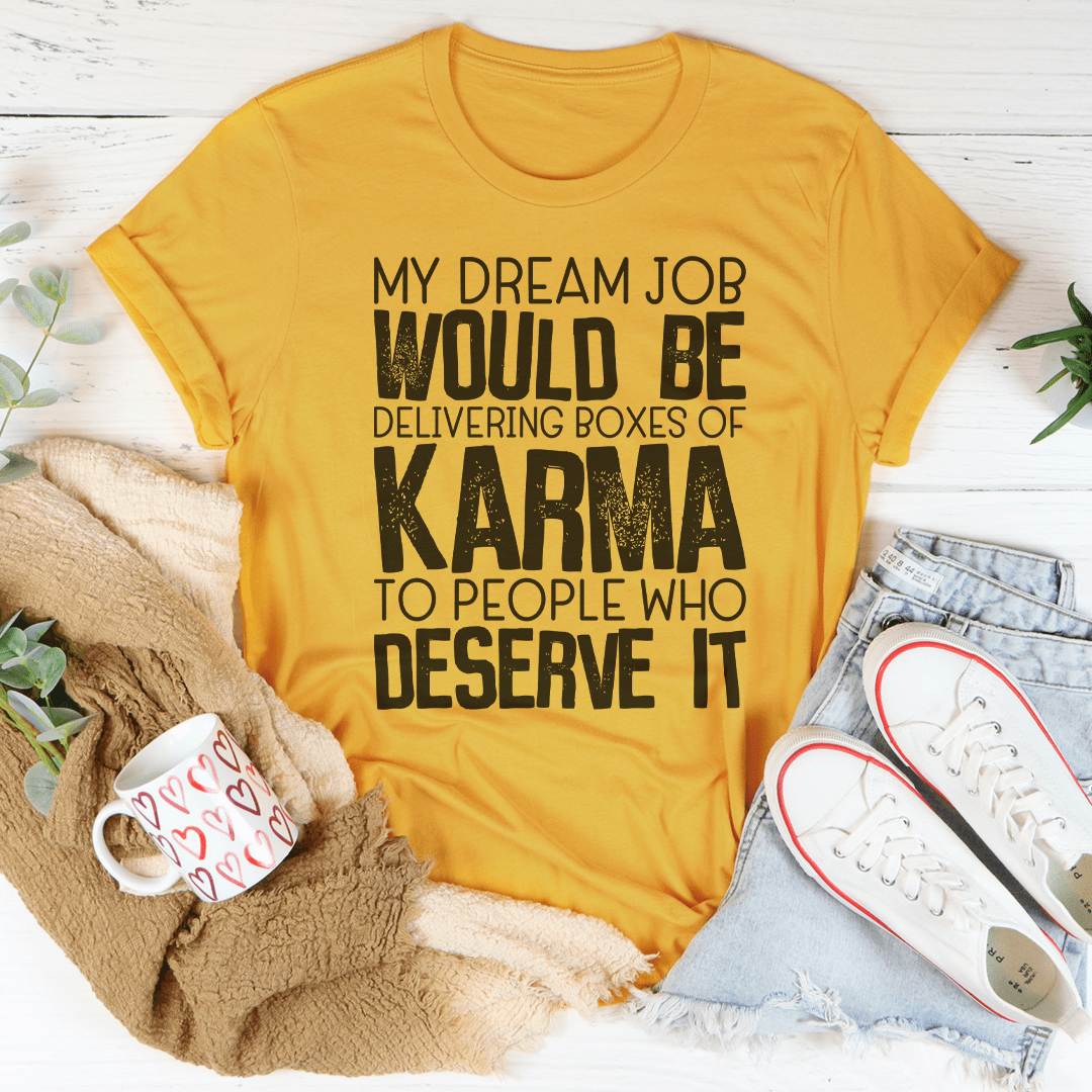 Mustard yellow crew-neck graphic karma T-shirt with bold black motivational text print