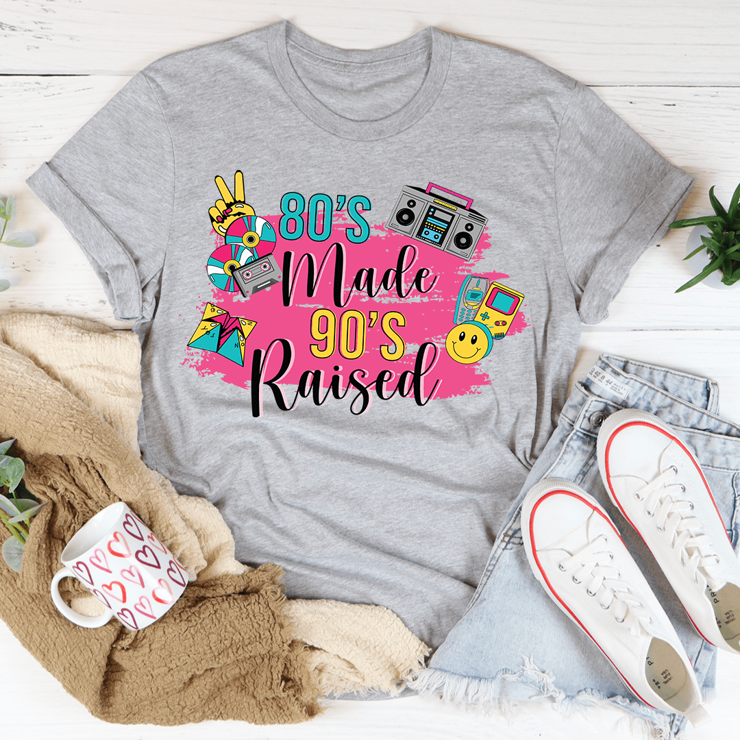 Athletic heather gray crewneck T-shirt with "80's Made 90's Raised" graphic