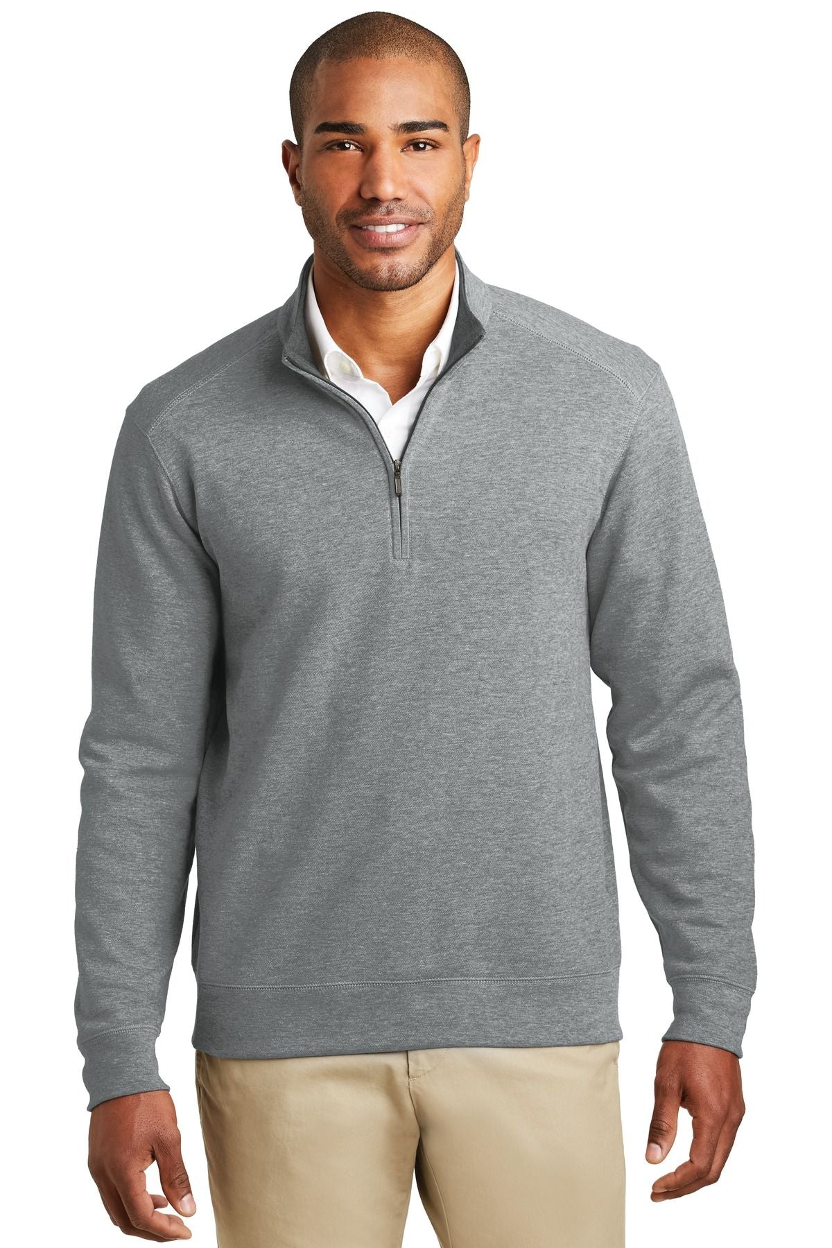 Light heather gray interlock 1/4-zip pullover with long sleeves and front zipper