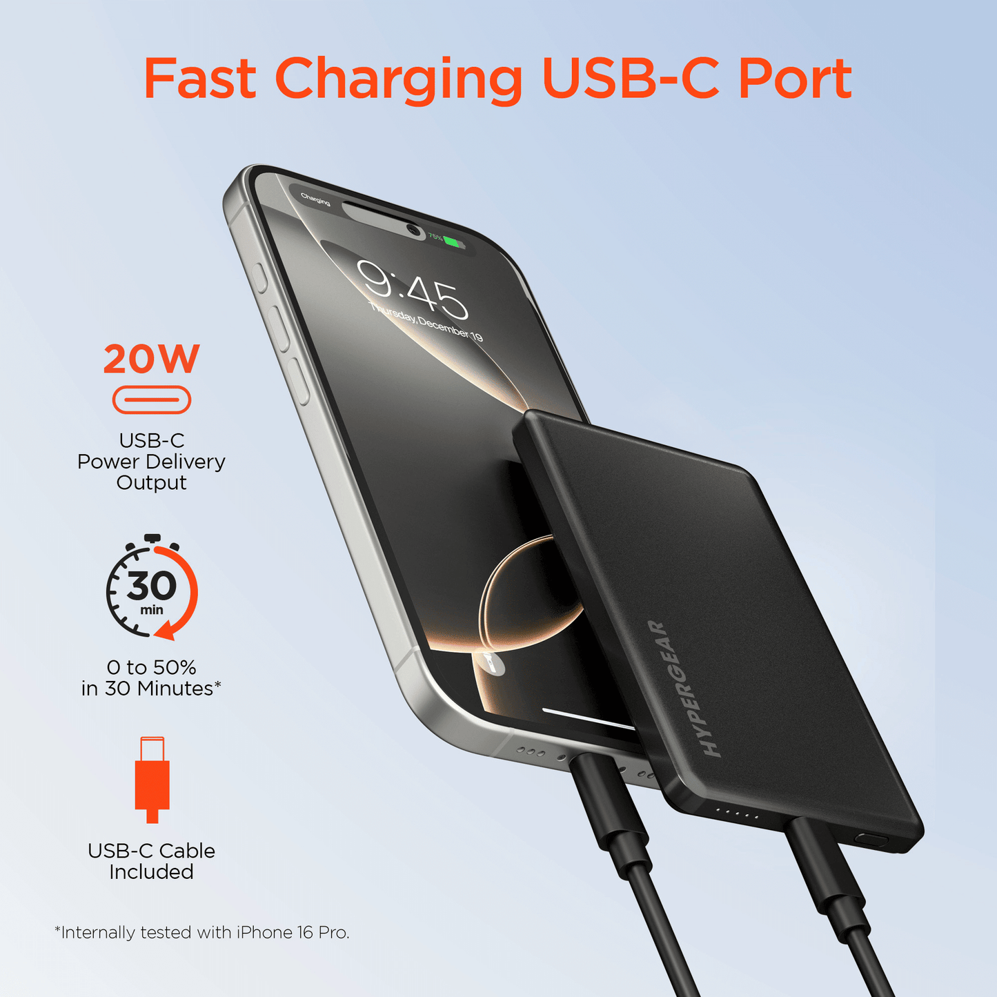 Black magnetic power bank with USB-C cable attached to a charging smartphone