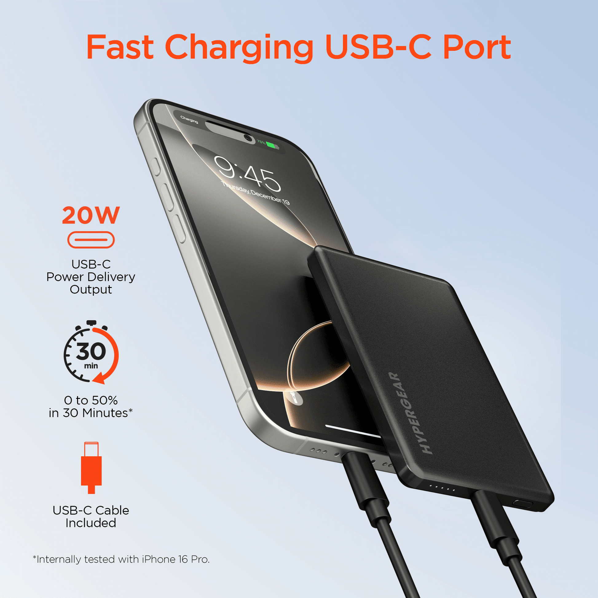Black magnetic power bank with USB-C cable attached to a charging smartphone