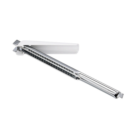 Stainless steel jar lid opener gripper with white handle, adjustable for cans and jars.