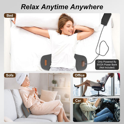 Dark grey electric lumbar massager pillow with controller, on couch
