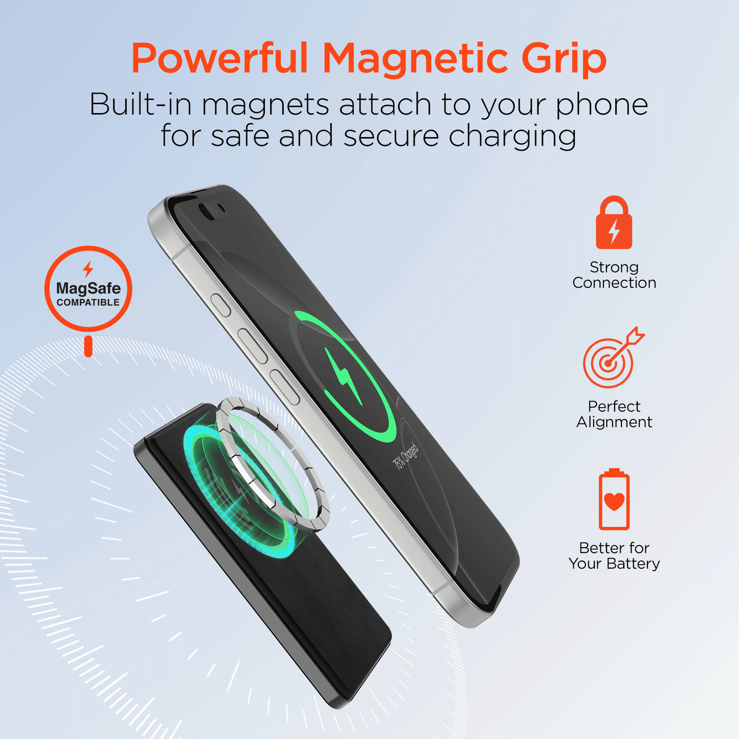 Black slim power bank with magnetic grip and LED light indicator