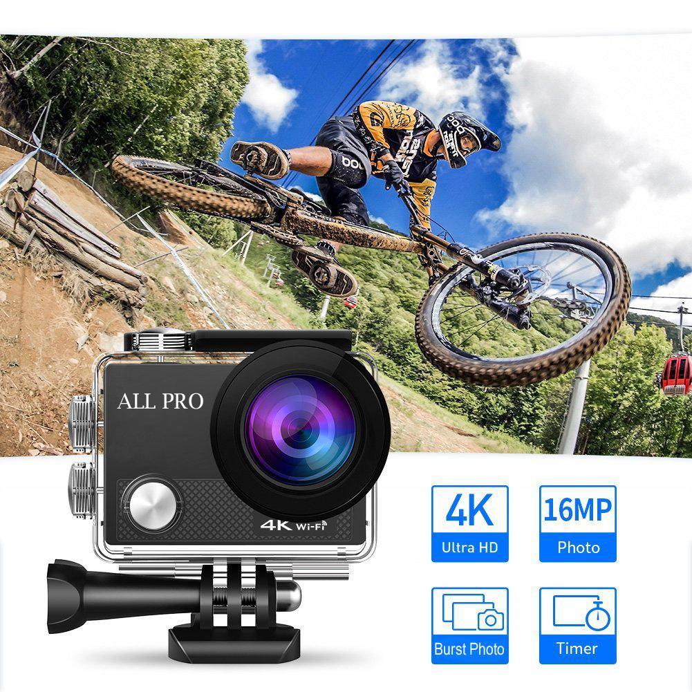 Black 4K WiFi action camera with large lens and front dial, with mounting bracket