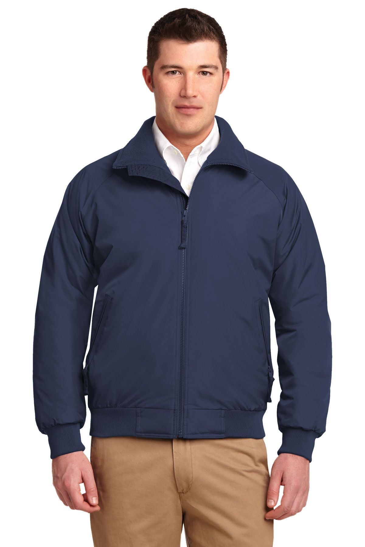 Men's Tall challenger jacket in true navy with gray stand collar and center front zipper