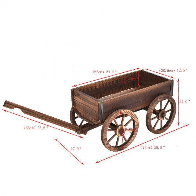 Wood wagon planter pot stand with wheels, product size diagram