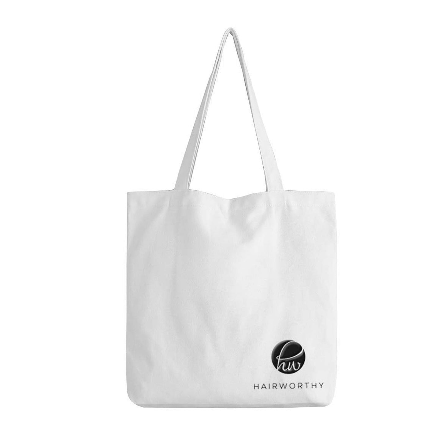 White tote bag with Hairworthy logo