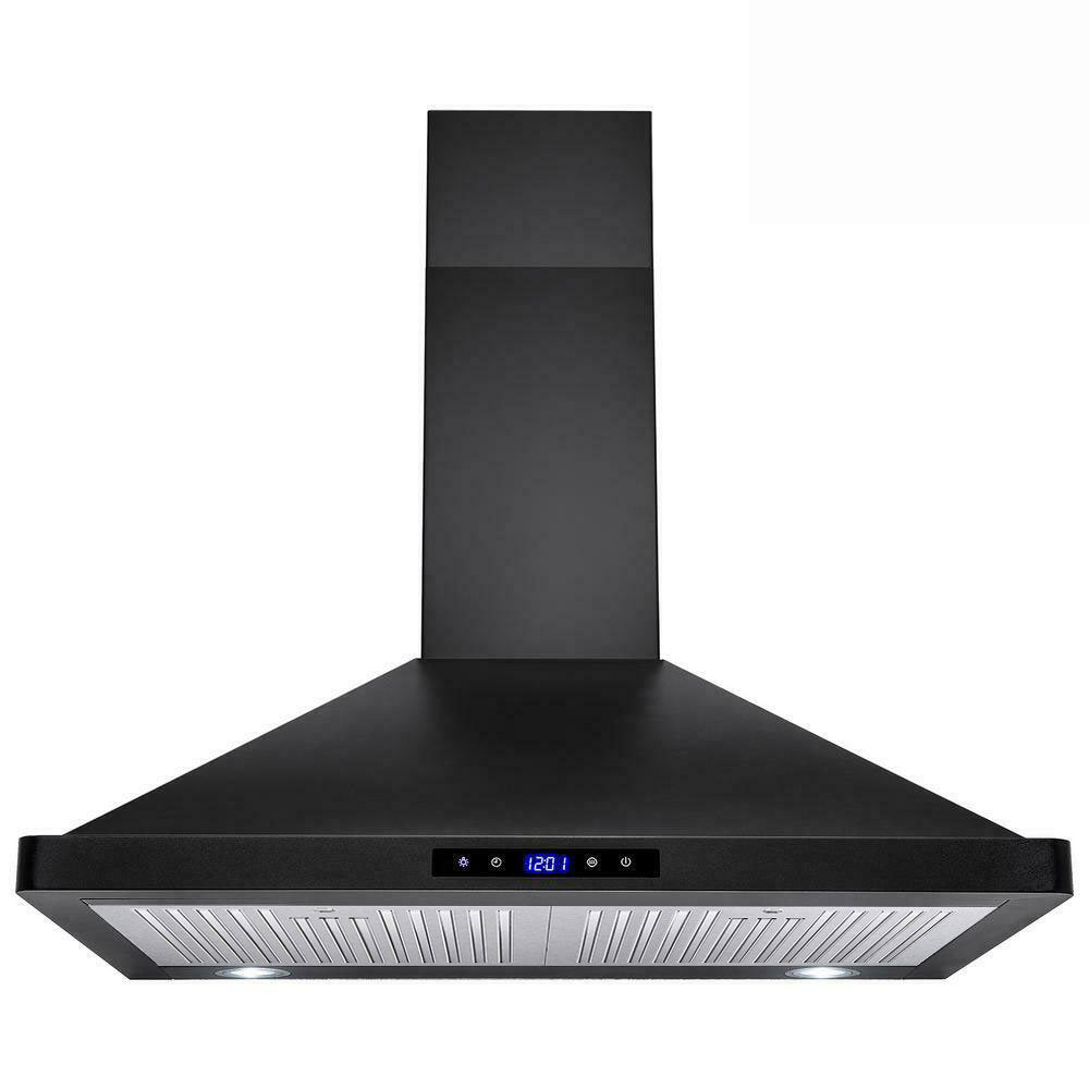 30 inch wall mount kitchen hood with black canopy and vent grille
