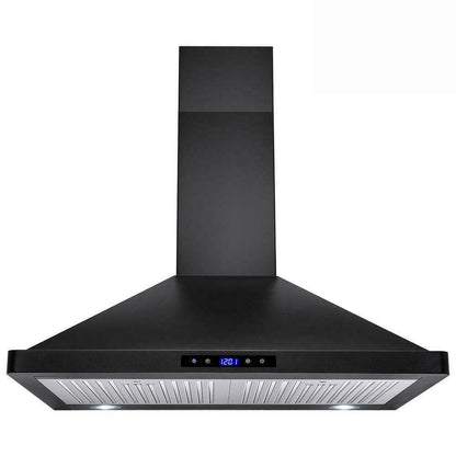 30 inch wall mount kitchen hood with black canopy and vent grille