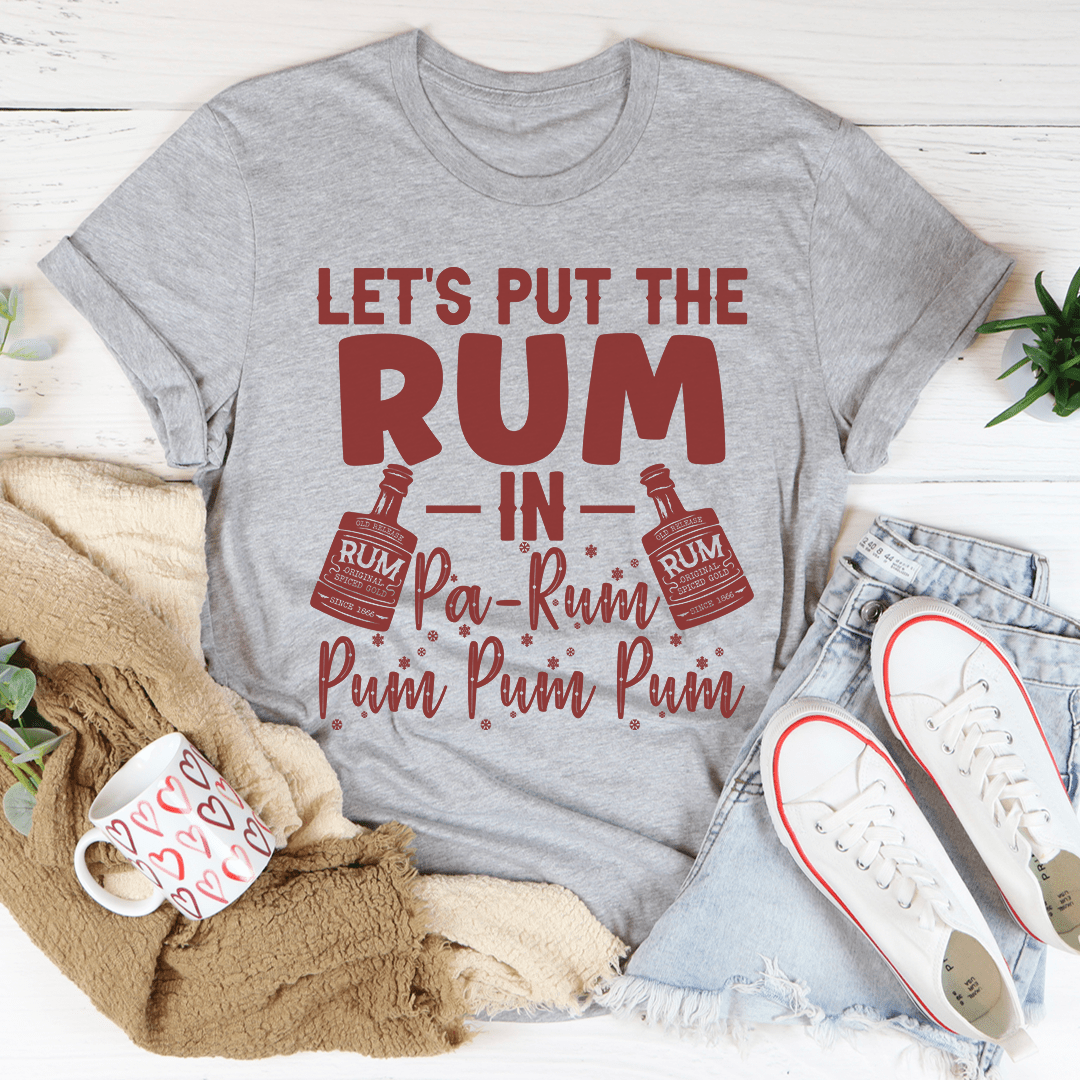 Graphic rum-themed crewneck t-shirt in heather grey, short sleeves