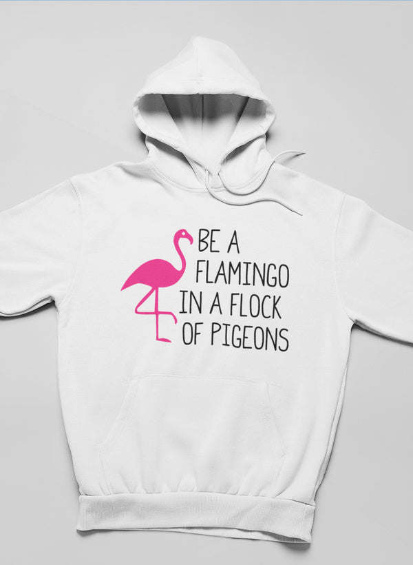 Light gray hoodie with pink flamingo slogan graphic across the chest and front pocket