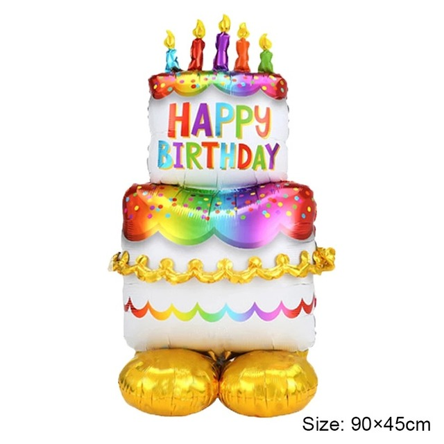 Happy Birthday cake foil balloon with colorful frosting stripes and gold base