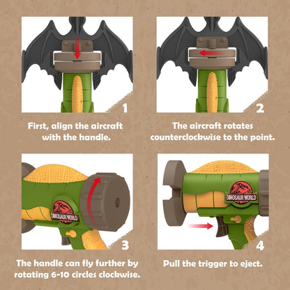 Dinosaur rocket launcher airplane toy showing rotating barrel and trigger action