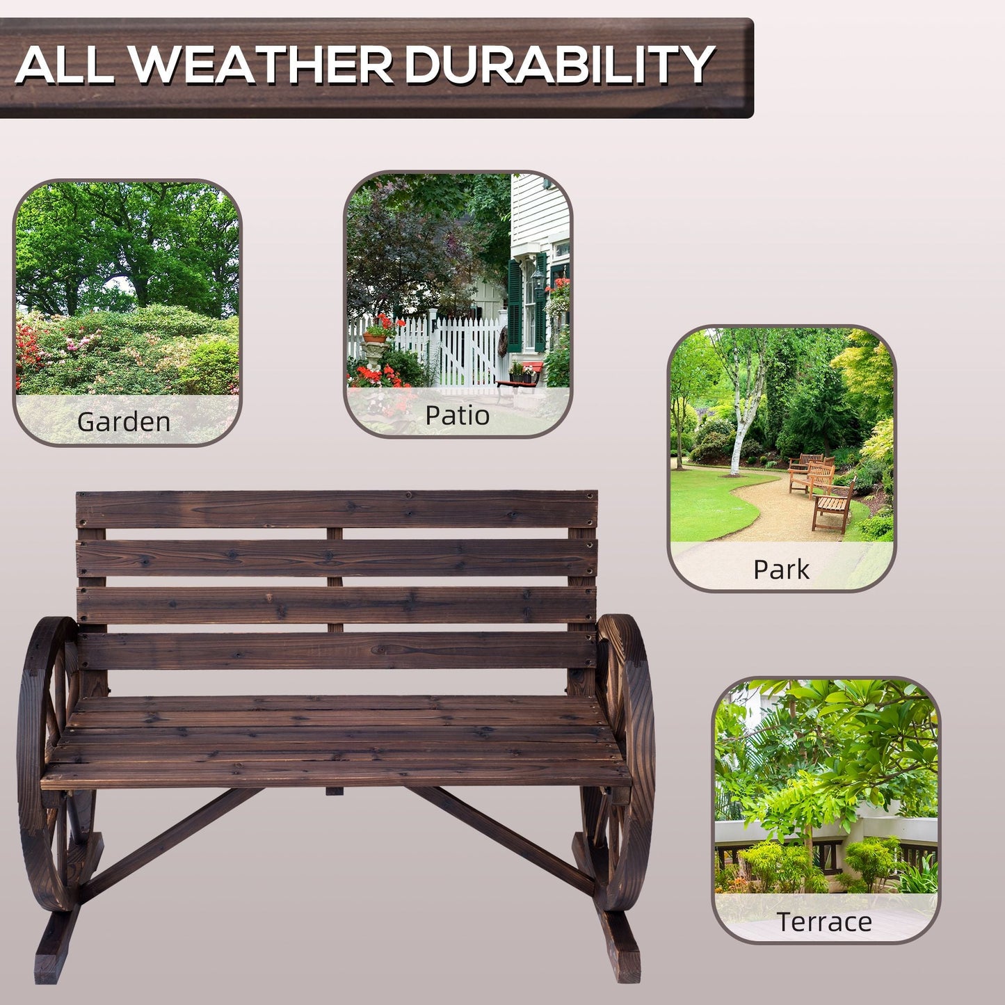 Outsunny Wagon Wheel Bench Rustic 2-Person Outdoor Patio Carbonized Finish with Backrest