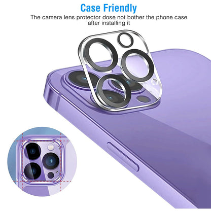 Tempered glass lens protector set aligned on purple phone case, edge cutouts