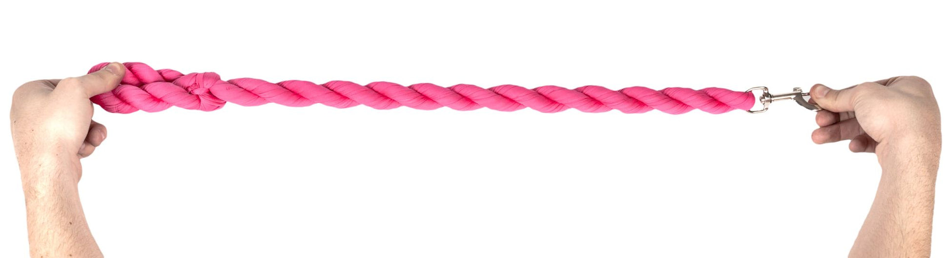Pink woven dog leash with braided rope and metal clasp, stretched between hands