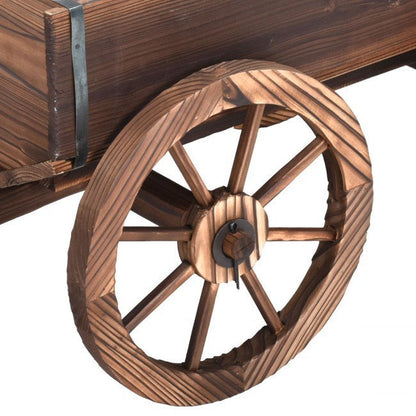 Wood wagon planter pot stand with wheels, close-up of large spoked wheel