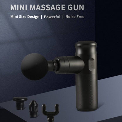 Black mini massage gun with round head and three included attachment heads