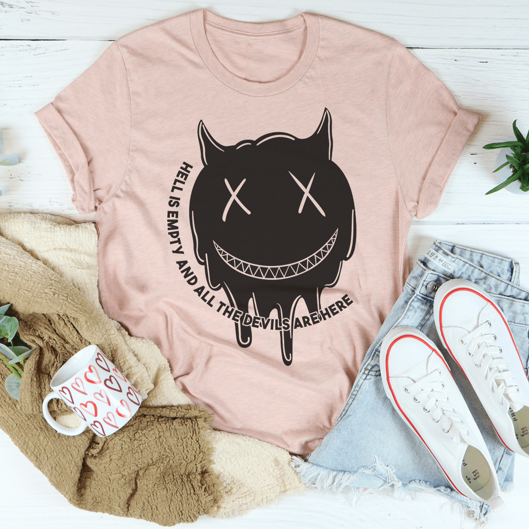 Mauve crew neck T-shirt with black devil face graphic, horns and X eyes front print