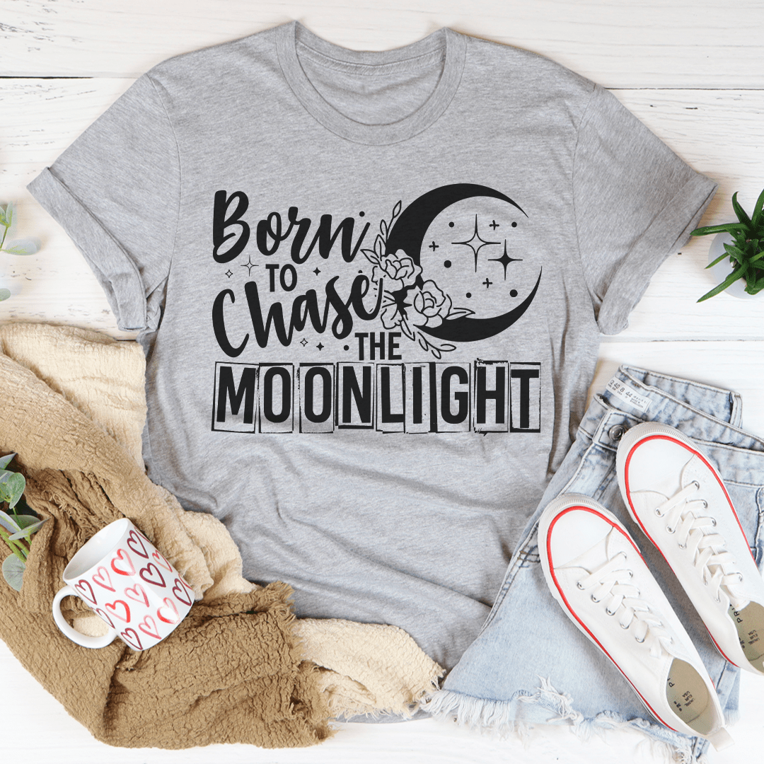 Light gray short-sleeve T-shirt with large moon graphic and rose accents on the chest