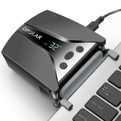 Black laptop fan cooler with temperature display panel and adjustable support legs