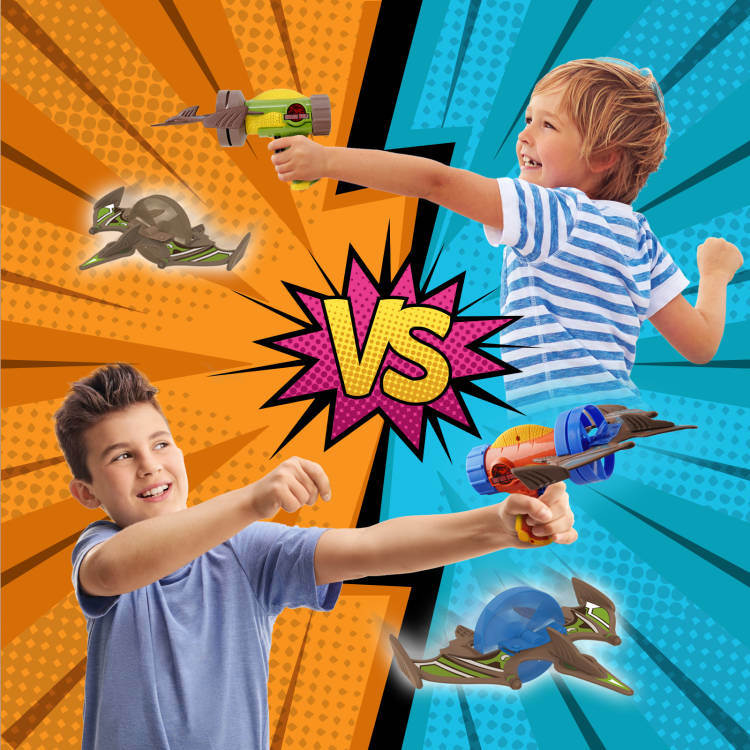 Rocket launcher airplane toy with foam pterosaur planes and dinosaur target discs.