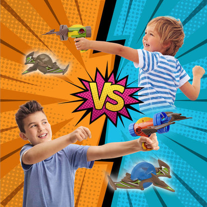 Rocket launcher airplane toy with foam pterosaur planes and dinosaur target discs.