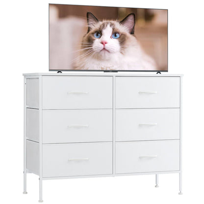 Dresser for Bedroom 6 Drawers Wide Fabric Storage Units Chest of Drawers for Bedroom with Metal Frame and Wooden Top for TV
