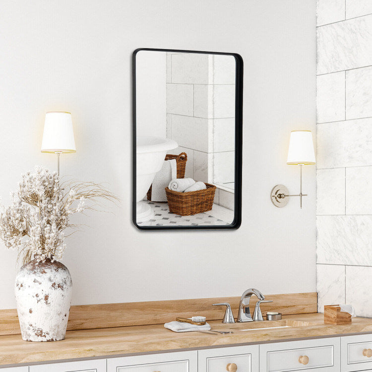 Rectangular wall mirror with black frame, rounded corners and smooth glass