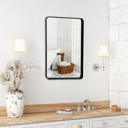 Rectangular wall mirror with black frame, rounded corners and smooth glass