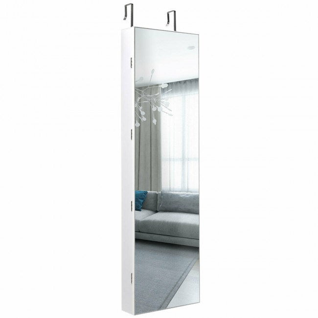 White mirrored jewelry cabinet with glass door and interior shelves