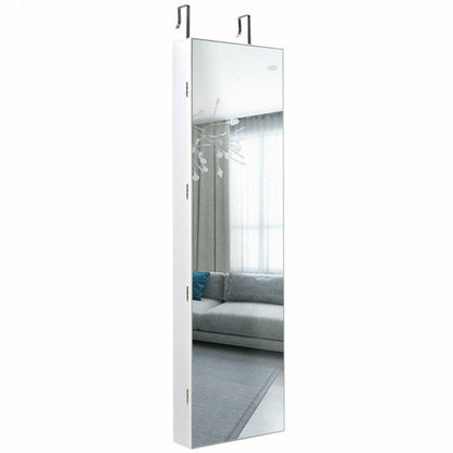 White mirrored jewelry cabinet with glass door and interior shelves