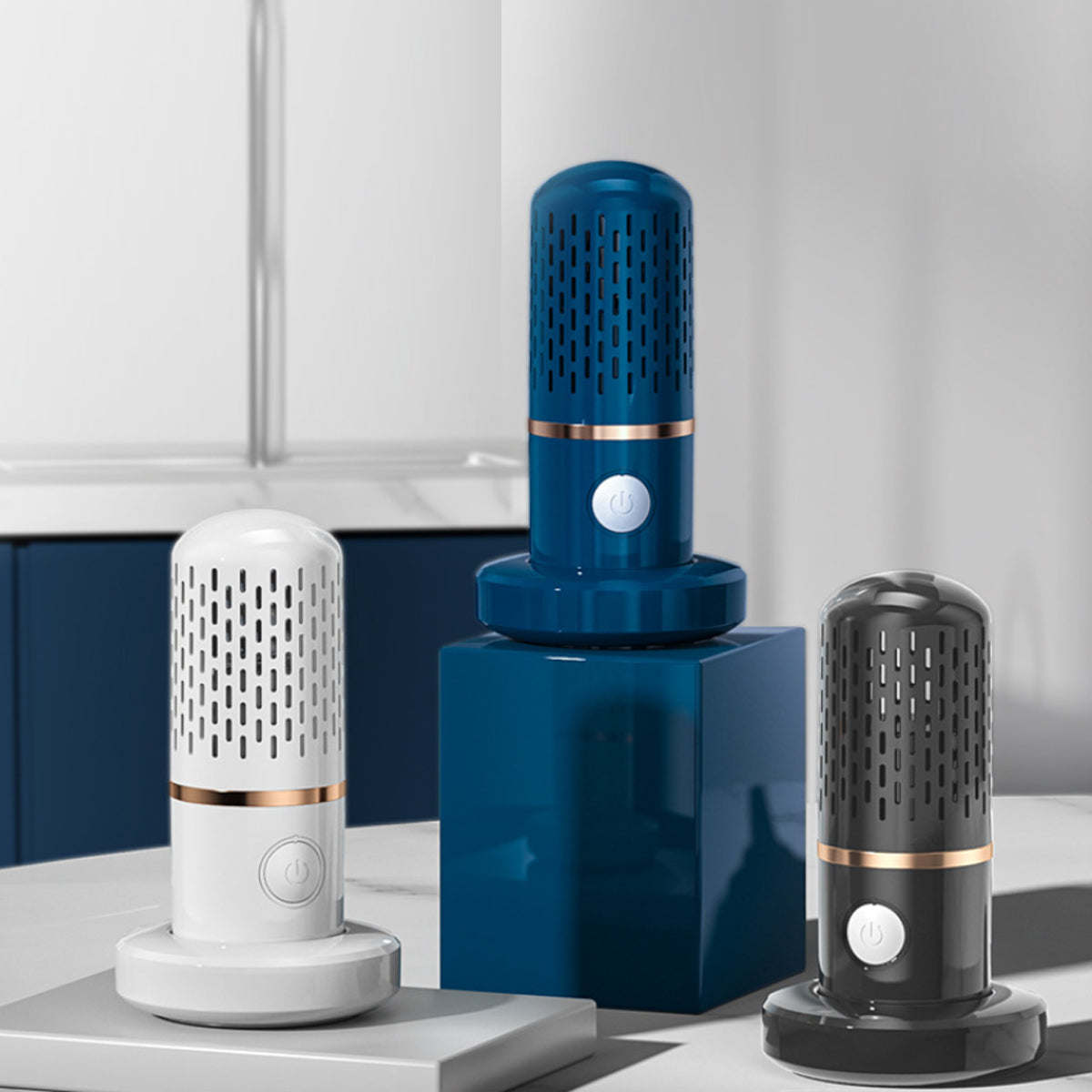 Ultrasonic fruits and veggie cleaner set, blue, white, and black handheld units with bases