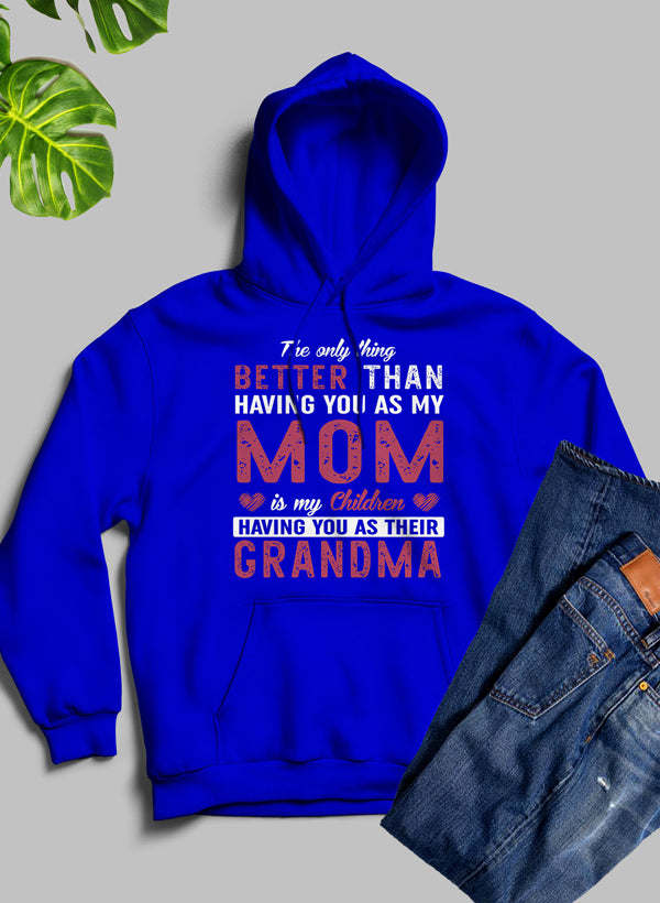Royal blue hoodie with hood and front “Mom” lettering graphic