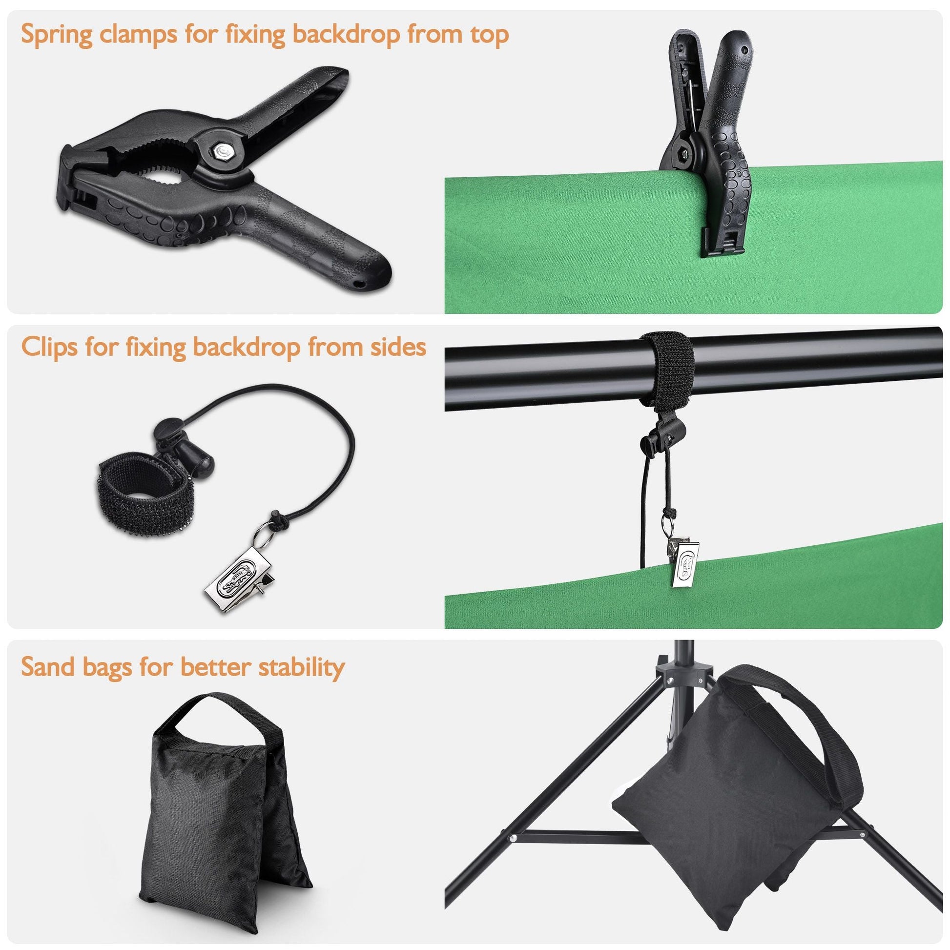 Photography background stand accessories: spring clamps, side clips, and sandbag weights.