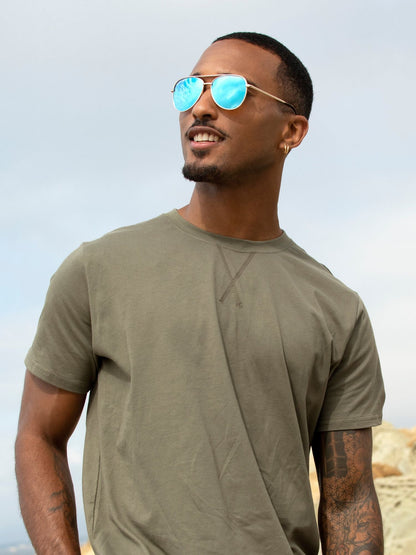 Polarized sunglasses with blue mirrored lenses and dark frames, worn