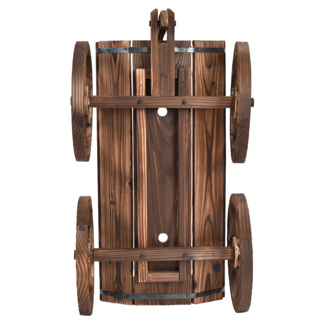 Wood wagon planter pot stand with wheels, rear view with barrel-like slats