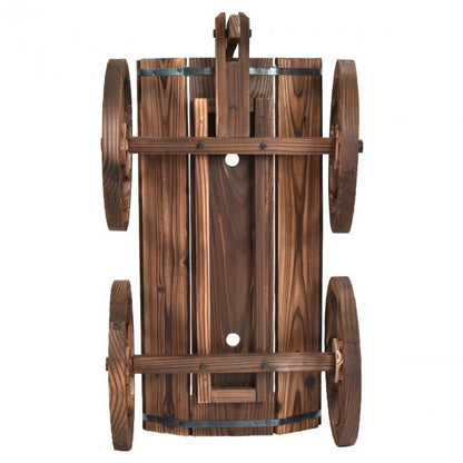 Wood wagon planter pot stand with wheels, rear view with barrel-like slats
