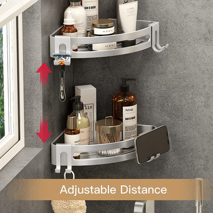 Silver adjustable corner shower shelf caddy with hooks for grooming tools