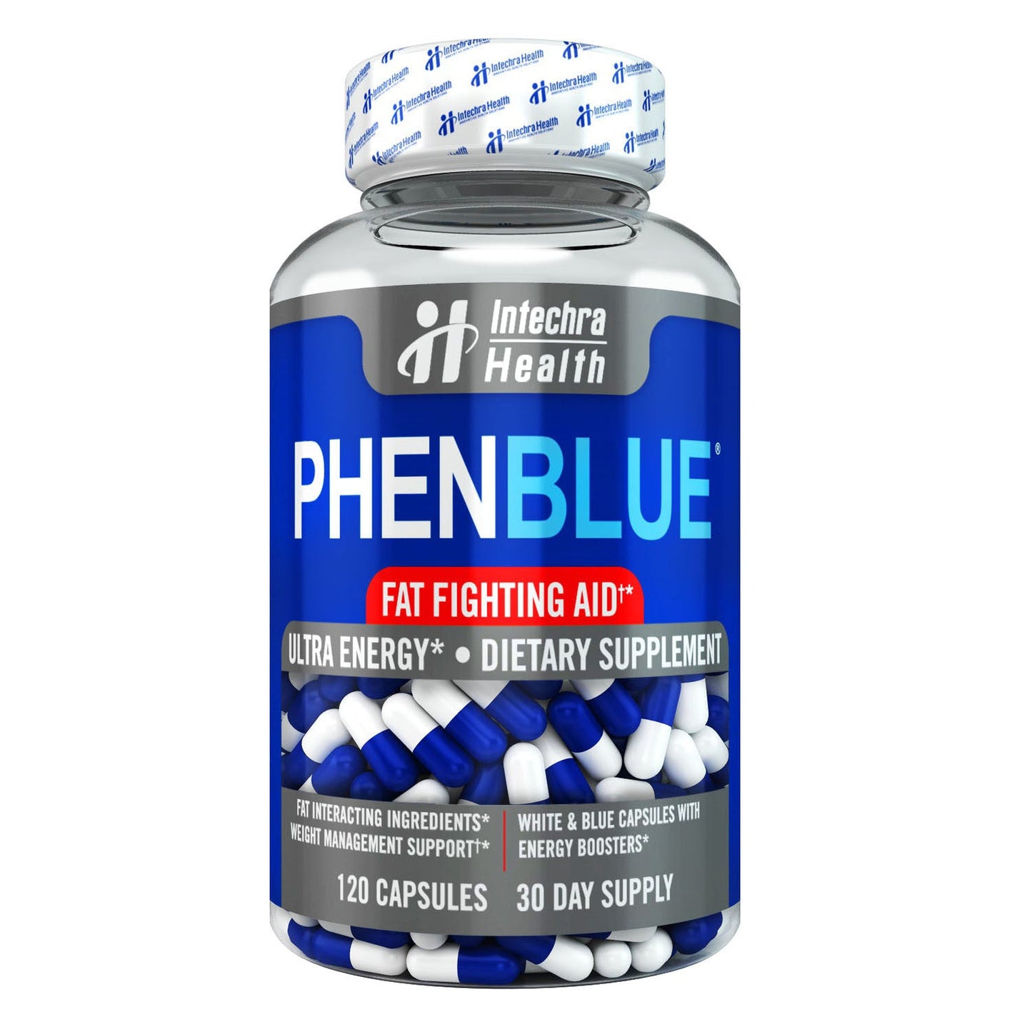 PHENBLUE diet pills bottle with blue-and-white label and capsule graphic